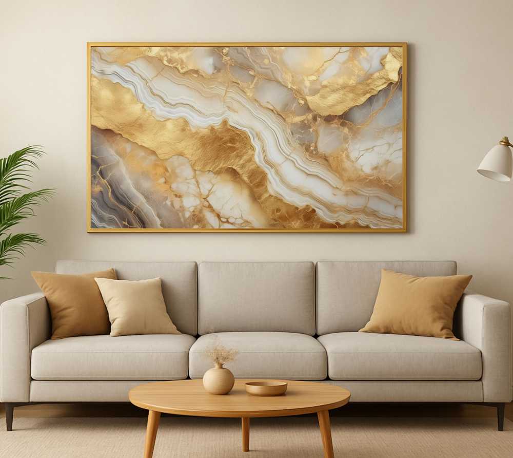 Quadro Decorativo Abstrato Branco e Ouro Liquido